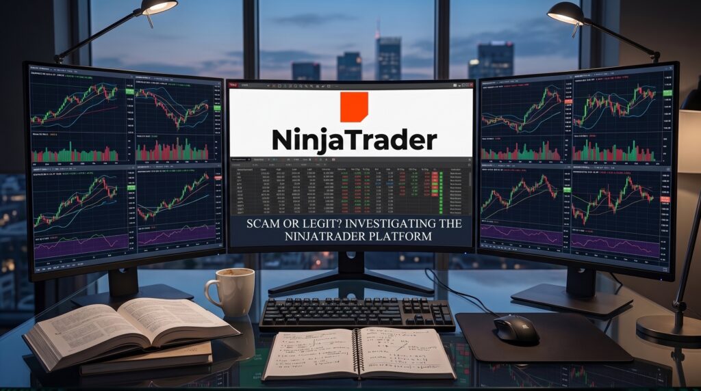 Multi-monitor trading desk setup displaying NinjaTrader platform charts with SCAM OR LEGIT text overlay.